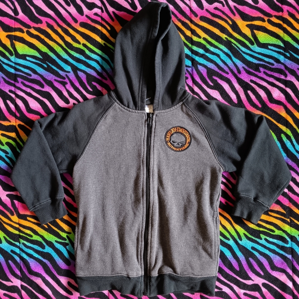 🖤🧡 Harley Davidson Kids Skull Zip Hoodie Gray Black Long Sleeve 6 Boys Biker